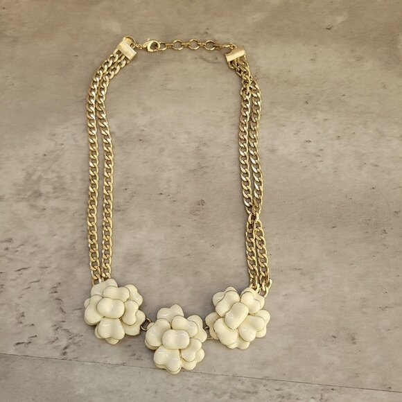 Talbots Jewelry - Talbots Necklace Gold Tone Chain Ivory Enamel Flower Statement Collar Adjustable